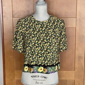 Vintage UNGARO COUTURE Black & Yellow Floral Short Sleeve Blouse, S/4-6
